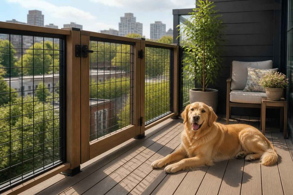 Golden retriever leży na drewnianym tarasie z widokiem na miejskie wieżowce