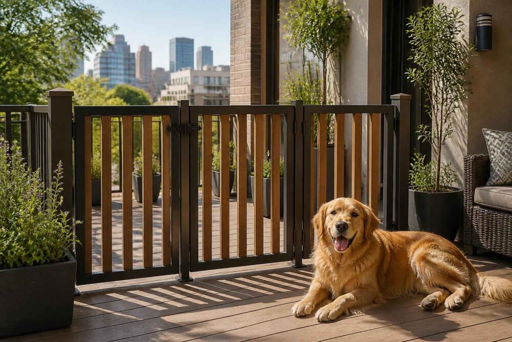 Golden retriever leży na słonecznym tarasie przy ogrodzeniu, w tle widać miejskie wieżowce