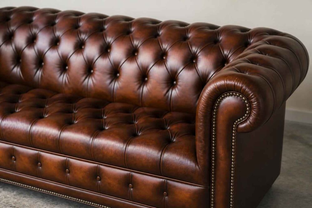 Ciemnobrązowa skórzana sofa z głębokim pikowaniem i charakterystycznym zwijanym podłokietnikiem