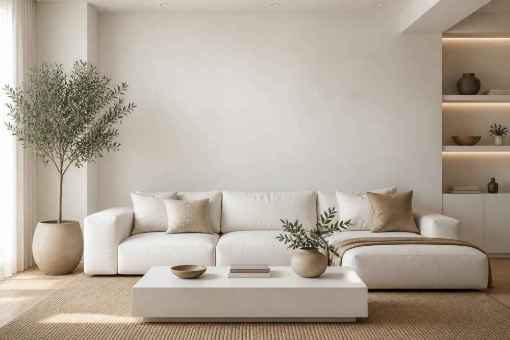 Kremowa sofa z szezlongiem, stolik kawowy, dekoracyjne rośliny i drewniane półki w jasnym salonie