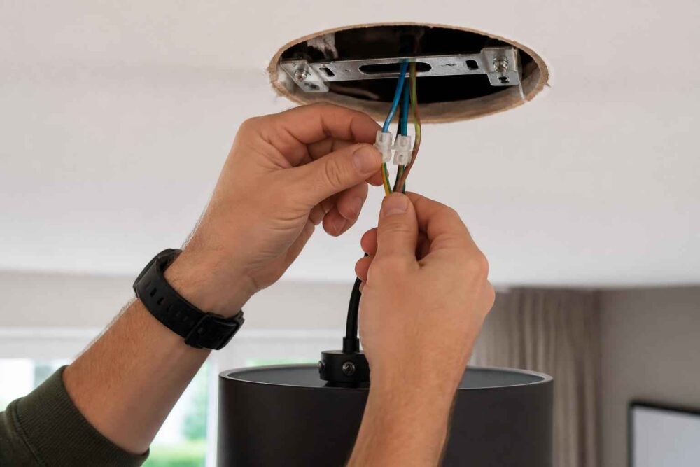 Dłonie łączą przewody elektryczne przy mocowaniu lampy sufitowej do sufitu