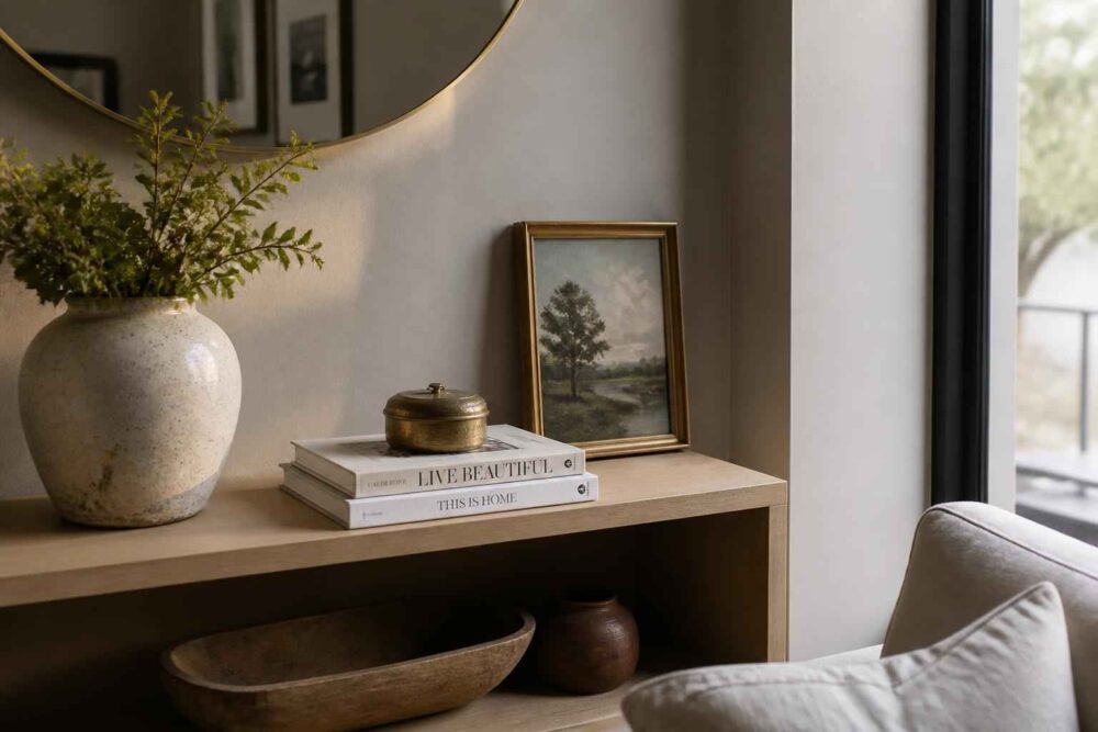 Wooden console featuring a textured vase, stacked books, framed landscape and decorative bowls beside a window