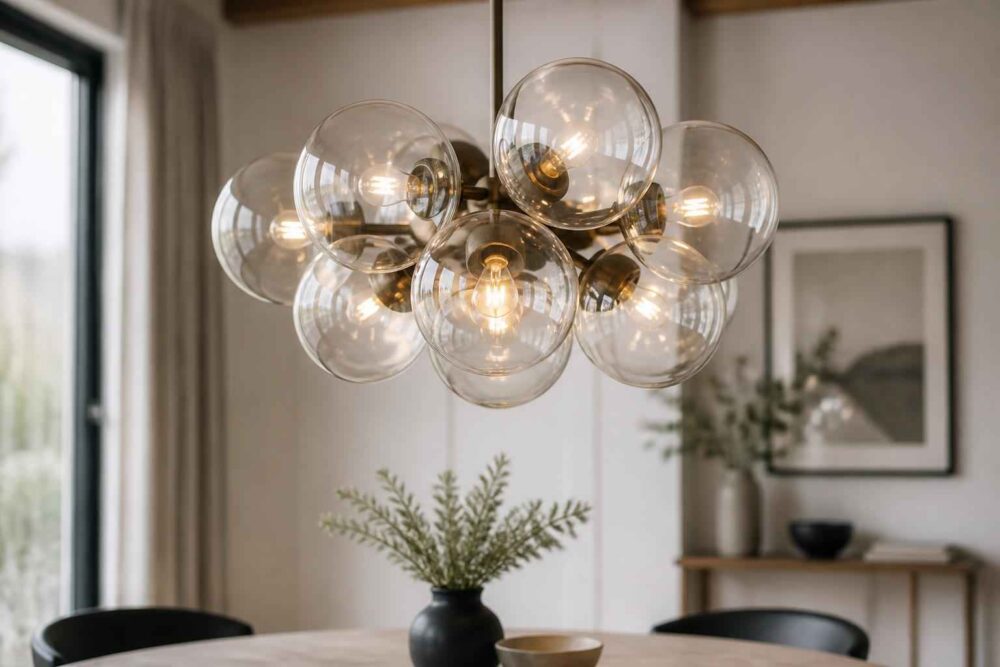 Nowoczesna lampa z kulistymi szklanymi kloszami nad stołem w jadalni