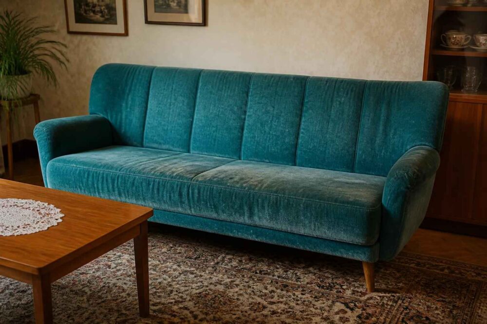 Turkusowa sofa z poduszkami w przytulnym salonie przy drewnianym stoliku kawowym
